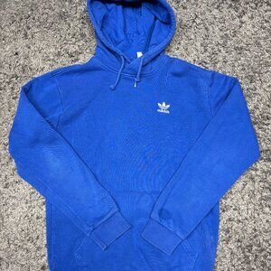VINTAGE Adidas Hoodie Mens Small Blue Trefoil Logo Spell Out Sweatshirt Pullover